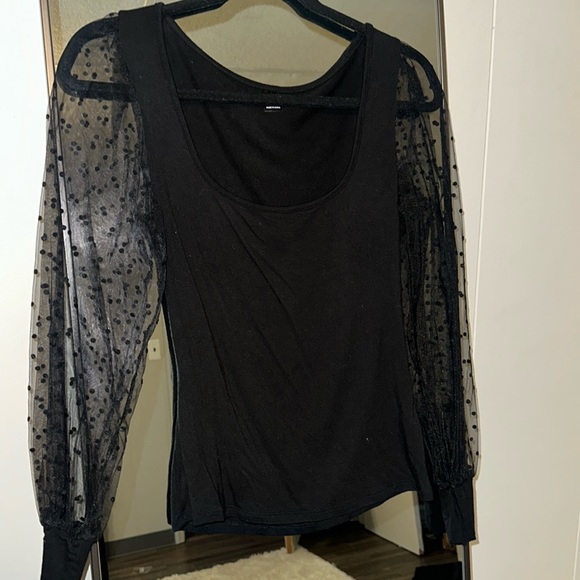 SHEIN Privé Contrast Dobby Mesh Lantern Sleeve Top - Picture 2 of 6